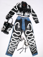 Hand Painted Harlequin Snake Leather Panel Jeans